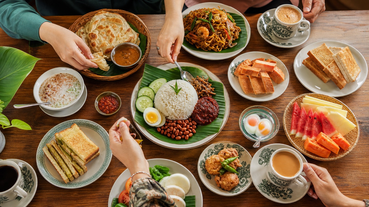 A shared Malaysian breakfast spread with nasi lemak and roti canai